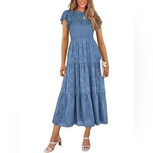 PrettyGarden Blue Floral Flutter-Sleeve Midi Dress